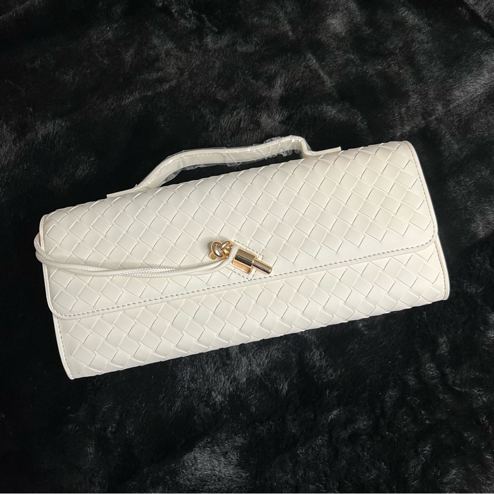 Few Moda East West Woven Clutch w/Crossbody Strap + Handle Cream Vegan Leather